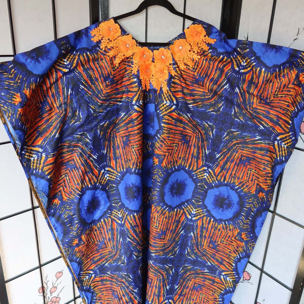 African Vibrant Blue and Orange Kaftan Bubu Gown NWOT 1 Size
